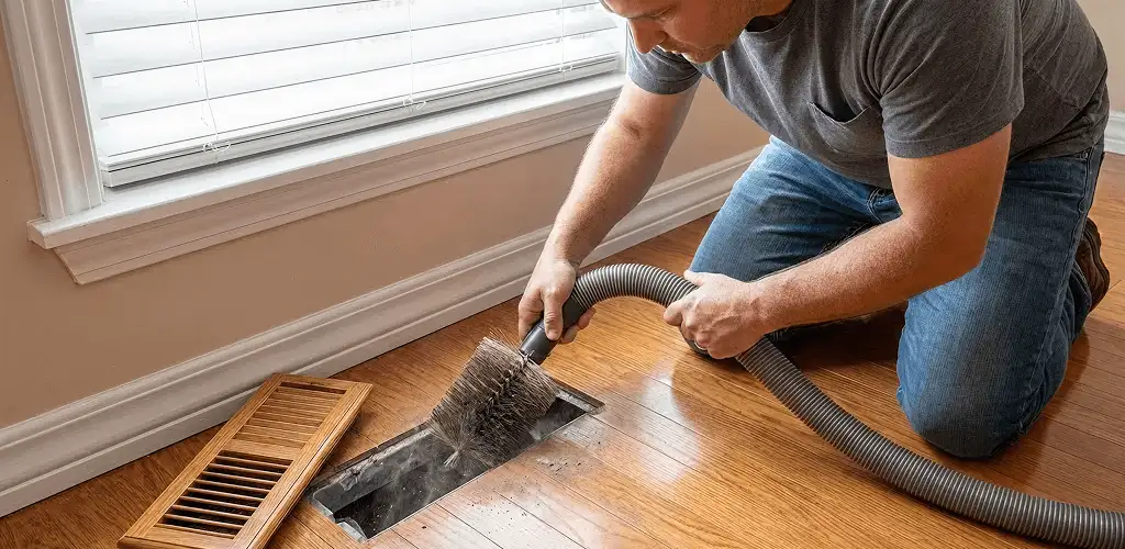 Air duct cleaning technician vacuuming a floor vent and duct opening in Bellevue, WA