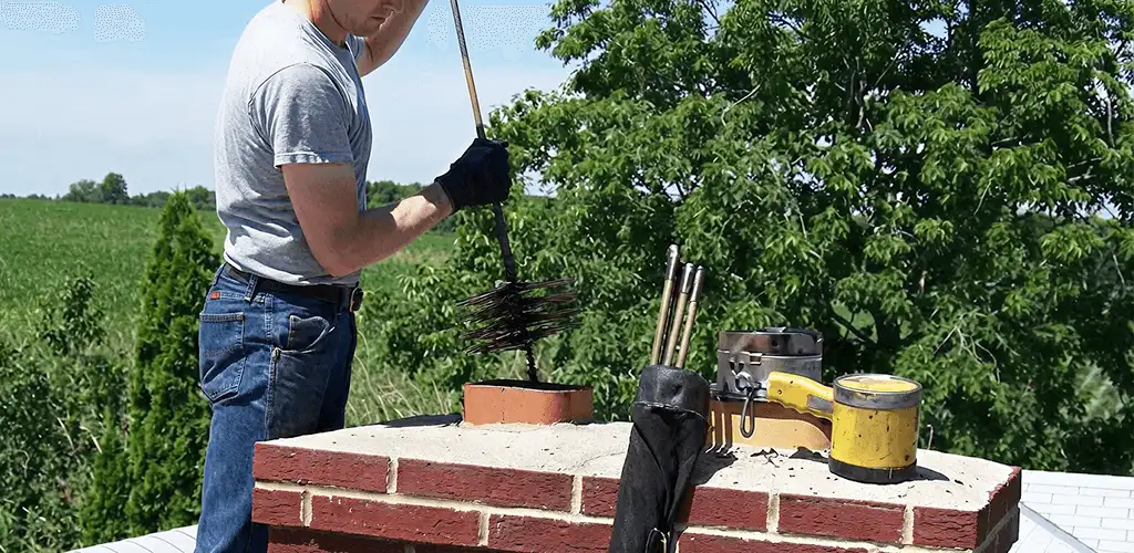 Chimney cleaning technician working on a rooftop chimney with professional tools in Bellevue, WA