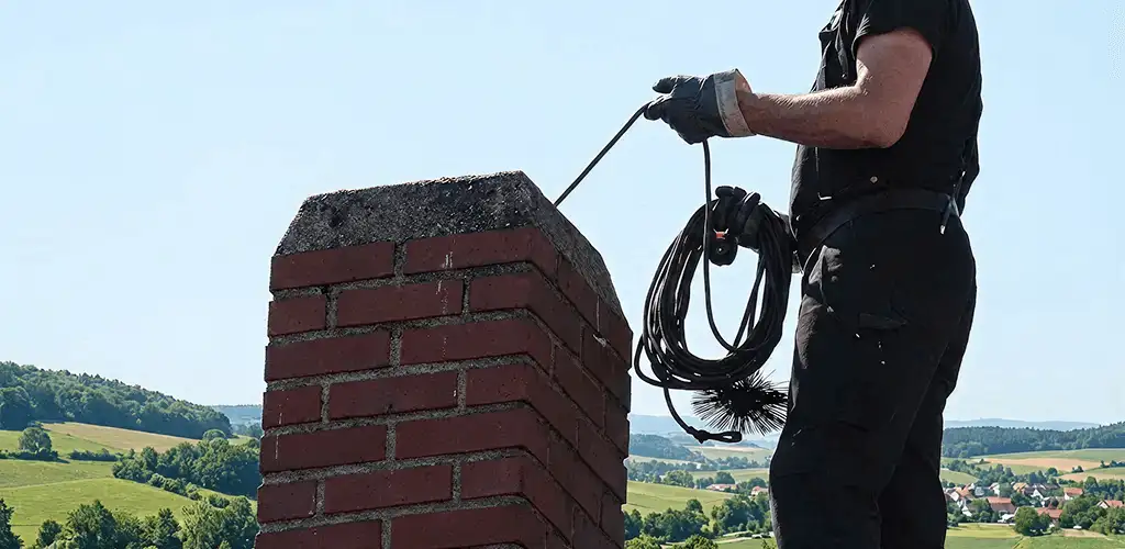 Chimney sweep inspecting and cleaning a rooftop chimney in Bellevue, WA