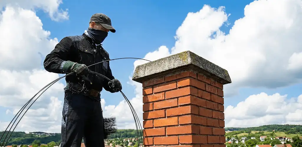 Chimney sweep cleaning a brick chimney with professional tools in Bellevue, WA