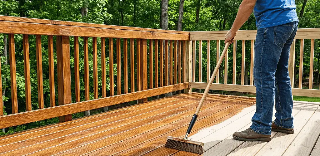 Deck staining and sealing application on a wood deck in Bellevue, WA