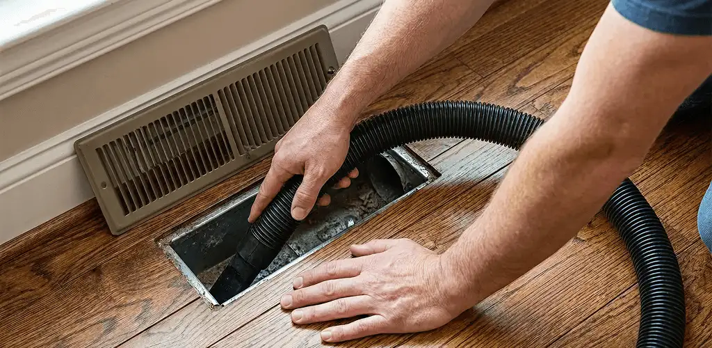 Air duct cleaning technician vacuuming a floor register and duct opening in Bellevue, WA