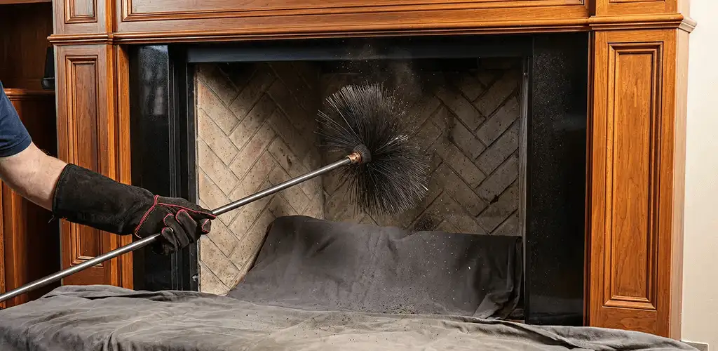 Chimney cleaning service brushing soot from a fireplace and flue in Bellevue, WA
