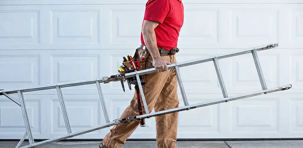 Garage door repair technician arriving with tools and ladder in Bellevue, WA