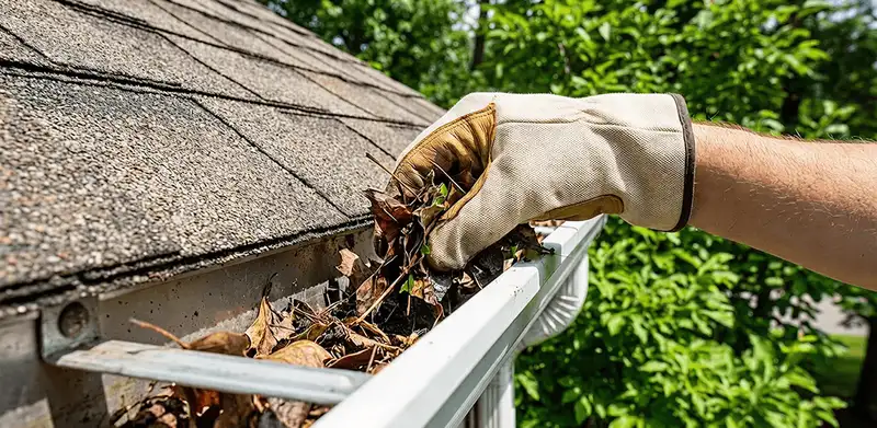Gutter cleaning removing leaves and debris from roof gutters in Bellevue, WA