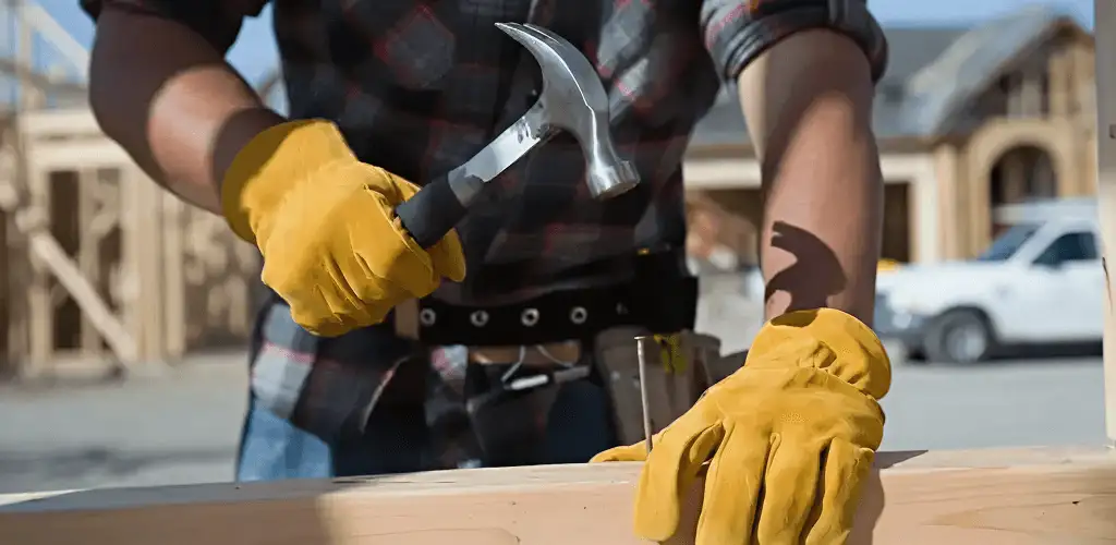 Handyman fixing wood trim with a hammer for home repairs in Bellevue, WA