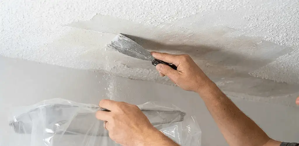 Popcorn ceiling removal technician scraping texture from a ceiling in Bellevue, WA
