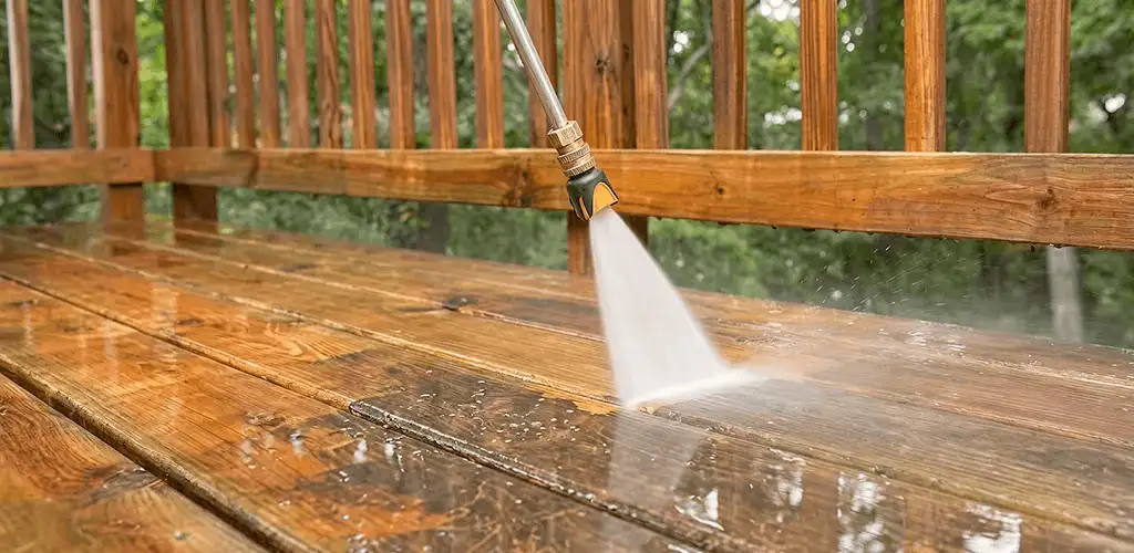 Pressure washing a wood deck to remove dirt and buildup in Bellevue, WA