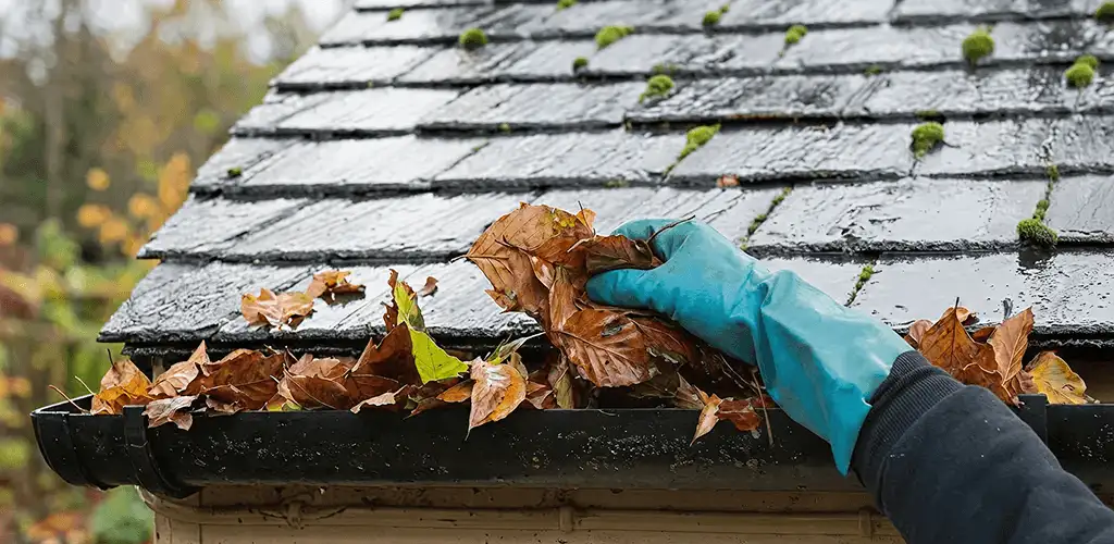 Gutter cleaning technician clearing wet leaves from roof gutters in Bellevue, WA