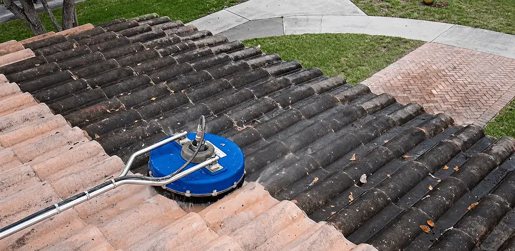 Roof pressure cleaning removing debris and buildup from roof tiles in Bellevue, WA