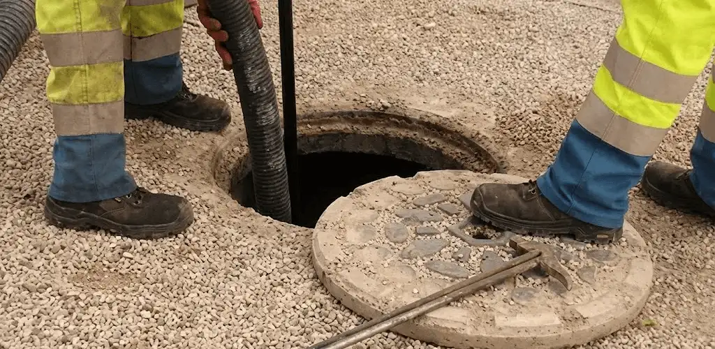 Drain cleaning crew clearing a sewer access point with professional equipment in Bellevue, WA
