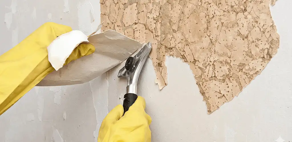Wallpaper removal service stripping old wallpaper from a wall in Bellevue, WA